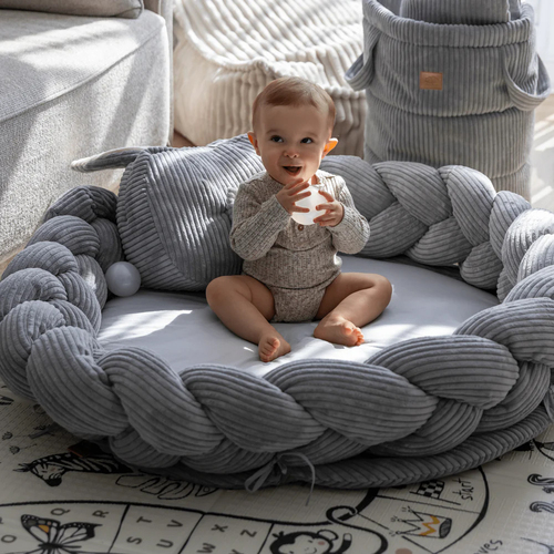 MeowBaby Aesthetic Babynest mit geflochtenem Schutz & Spielteppich, Grey