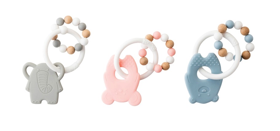 Drei Silikon-Beißringe für Babys in Form von Elefant, Fuchs und Bär mit Holzperlen.
