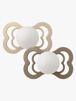 BIBS Supreme Schnuller 2er-Pack Silikon Gr. 2 Symmetrisch, Vanilla Glow/Dark Oak Glow