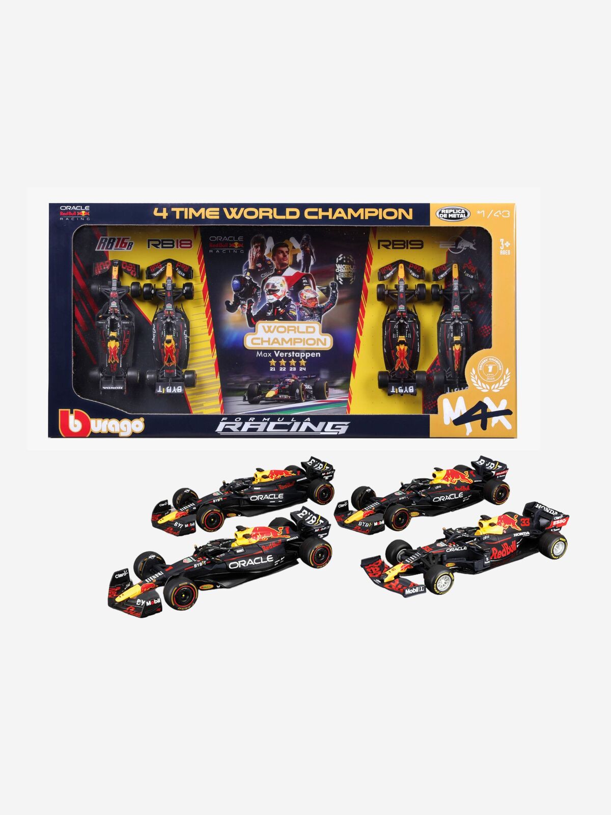 Bburago F1 Red Bull Racing Max Verstappen World Champion Autoset 1:43 4er-Pack