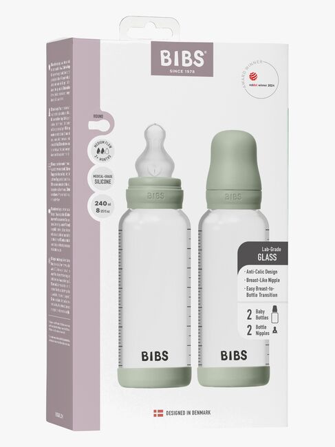 BIBS Medium Flow Glas Fläschchen Silikon 2er-Pack 240 ml, Sage