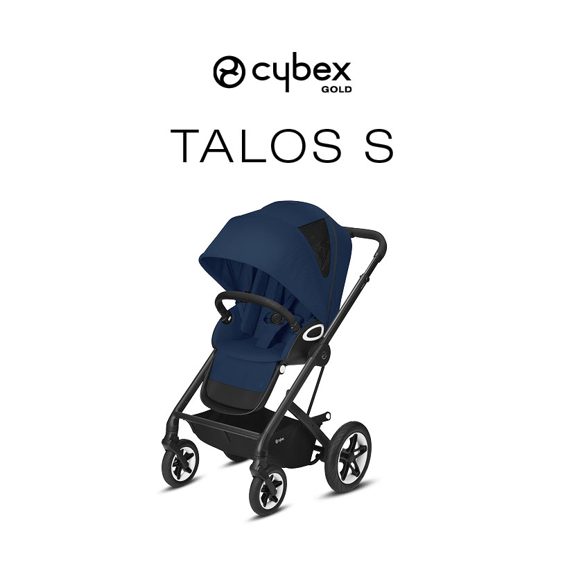 Blauer Cybex Talos S Kinderwagen mit schwarzem Gestell, von vorne.