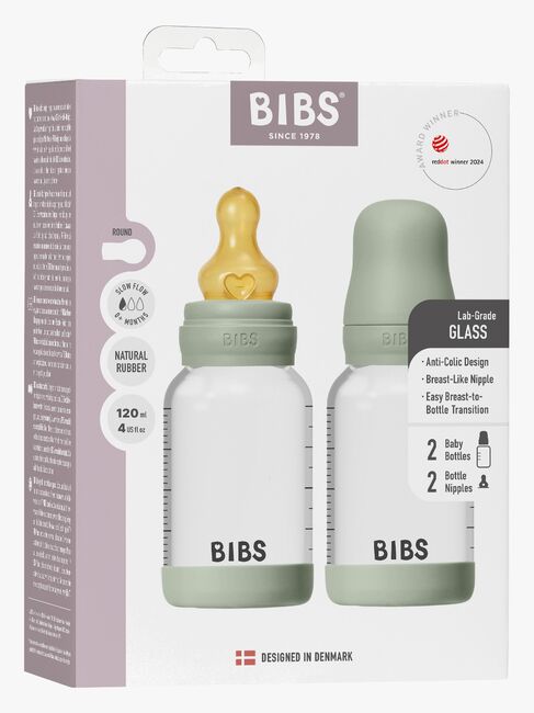 BIBS Slow Flow Glas Fläschchen Latex 2er-Pack 120 ml, Sage
