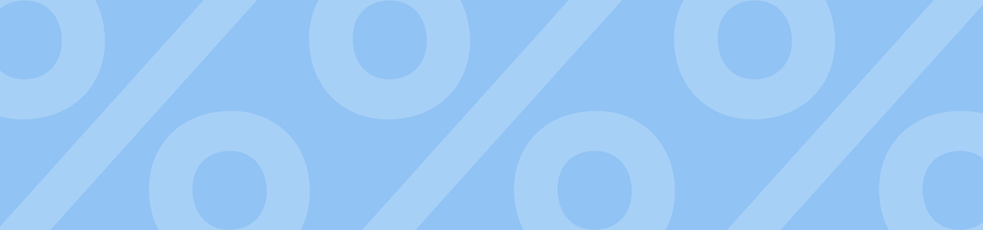 Hellblauer Hintergrund mit großen Prozentzeichen, weichen Formen und rundem Smiley-Symbol