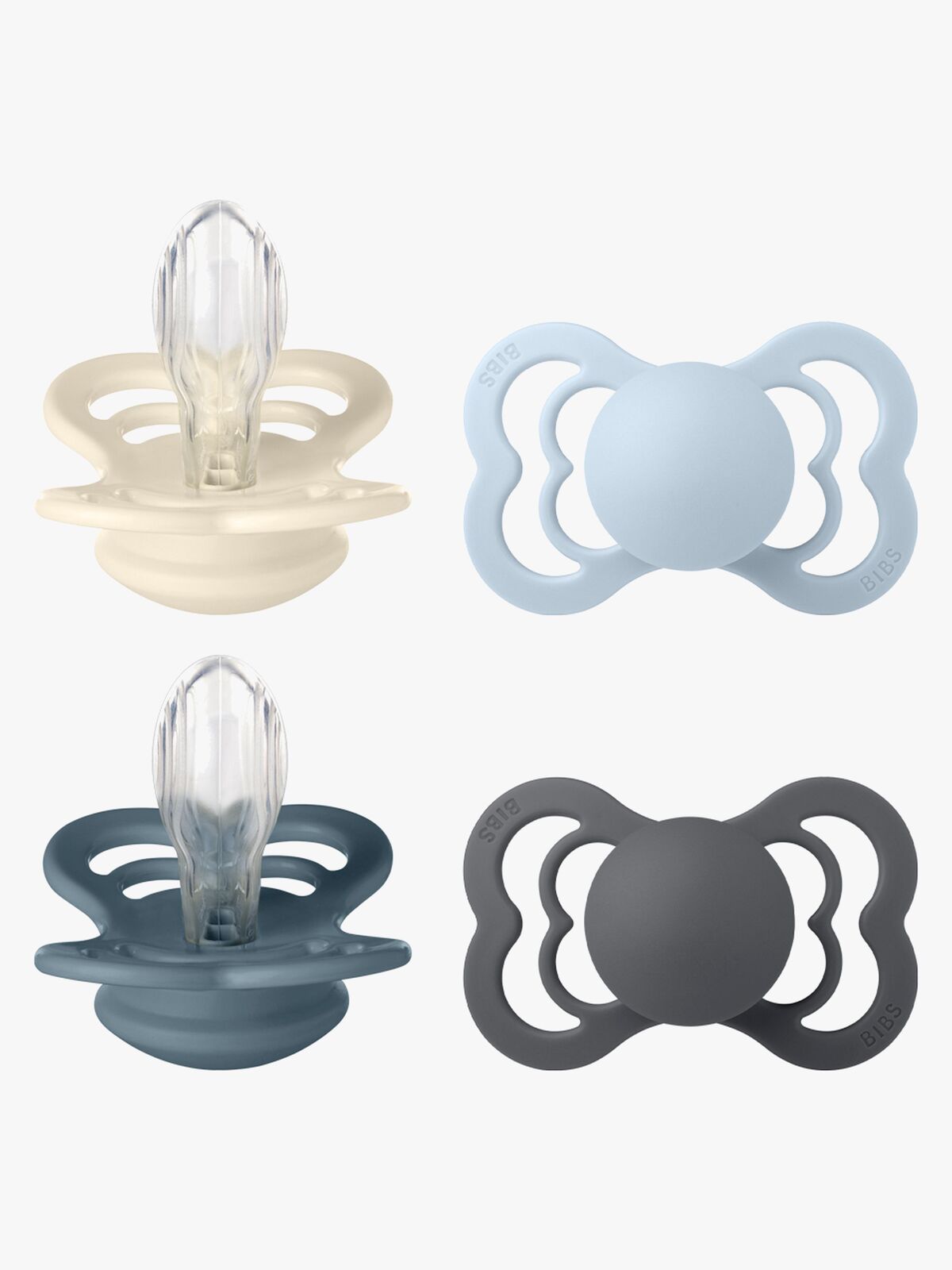 BIBS Supreme Schnuller 4er-Pack Silikon Gr. 2, Ivory/Baby Blue/Petrol/Iron