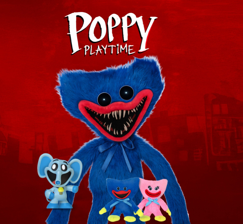 Blaue Spielzeugfigur mit Zähnen, umgeben von anderen Figuren, mit dem Text 'Poppy Playtime'.