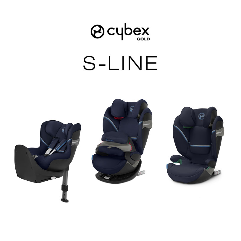 Drei Autositze von Cybex Gold S-Line in Blau vor weißem Hintergrund.
