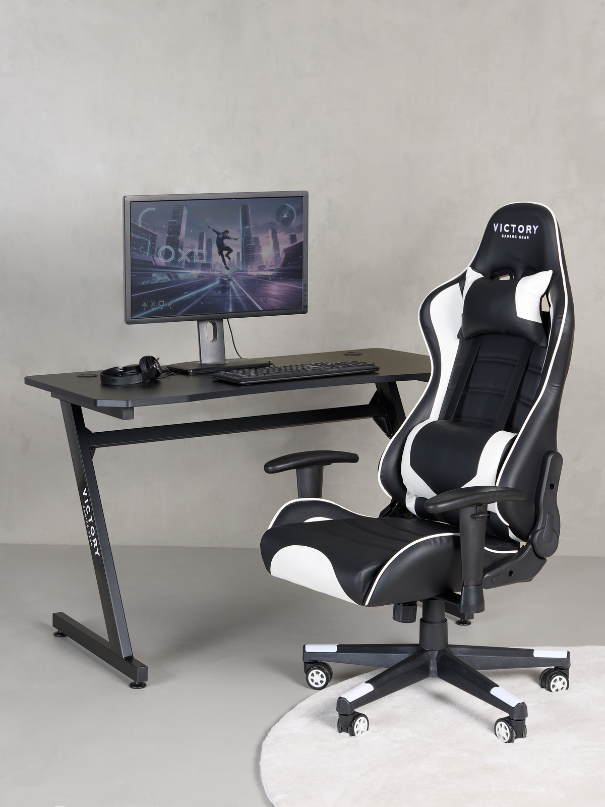 Victory Future Gaming-Stuhl inkl. Tisch, Schwarz/Weiß
