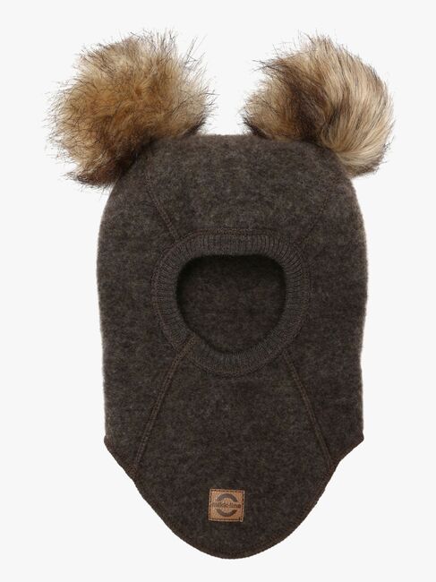 Mikk-Line Schlupfmütze Merinowolle mit Bommeln, Dark Brown Melange