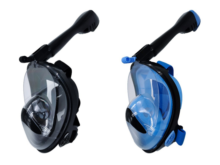 Zwei Vollgesichtstauchmasken in Schwarz und Blau mit Schnorchel oben.