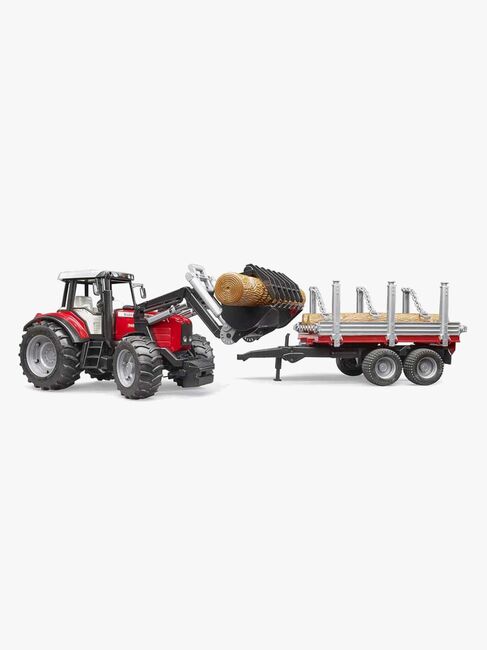 Bruder Massey Ferguson 7480 Traktor Mit Frontlaster Und Holztransportanhänger