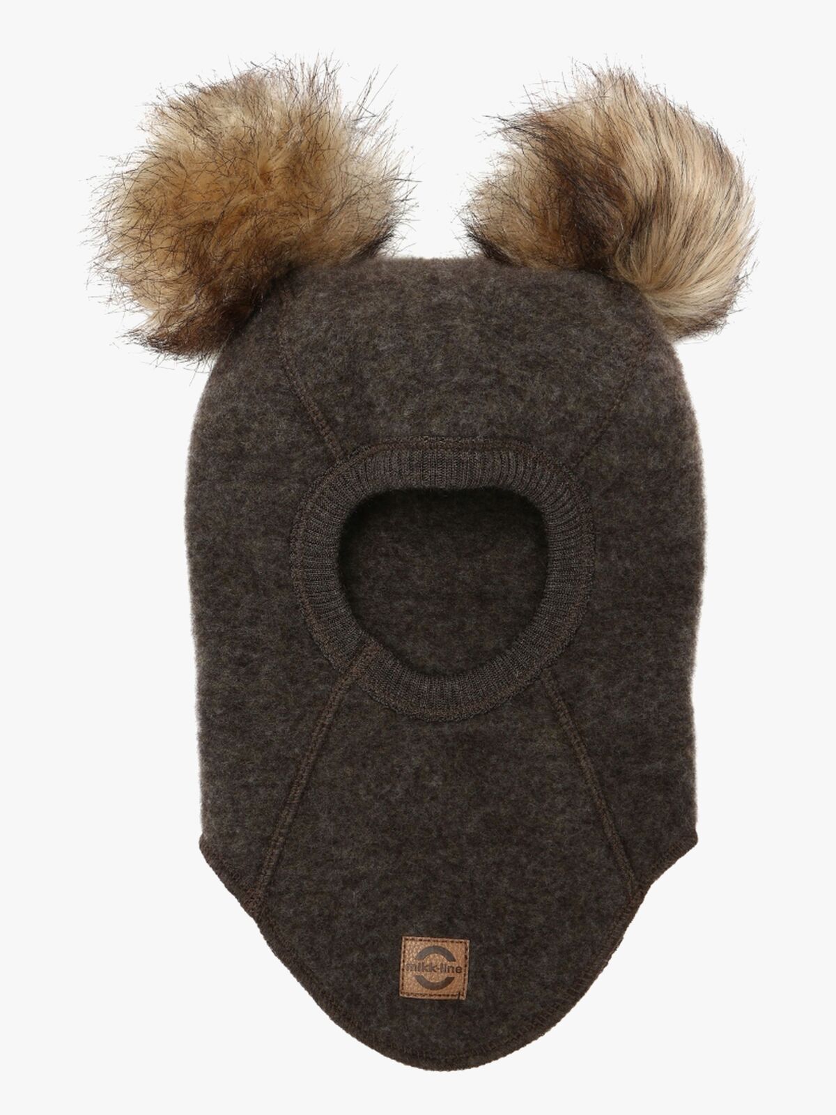 Mikk-Line Schlupfmütze Merinowolle mit Bommeln, Dark Brown Melange