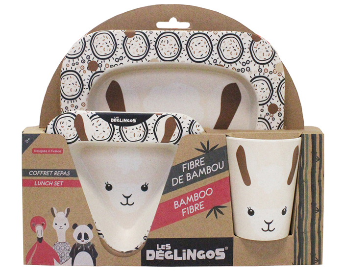 Lunchset aus Bambusfaser mit Tierdesign, inkl. Schüssel, Teller und Becher.