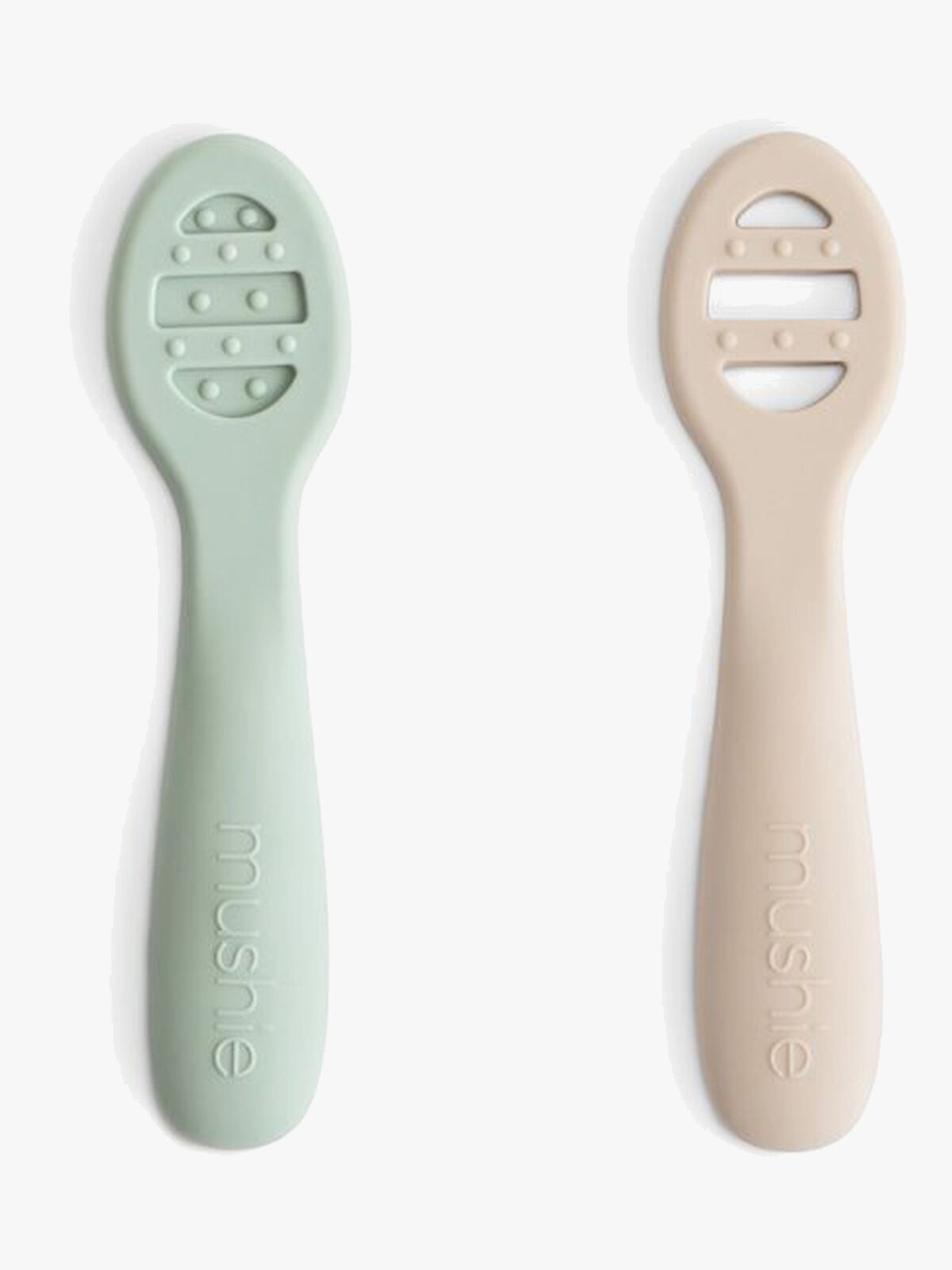 Mushie Anfänger-Löffel 2er-Pack, Cambridge Blue/Shifting Sand