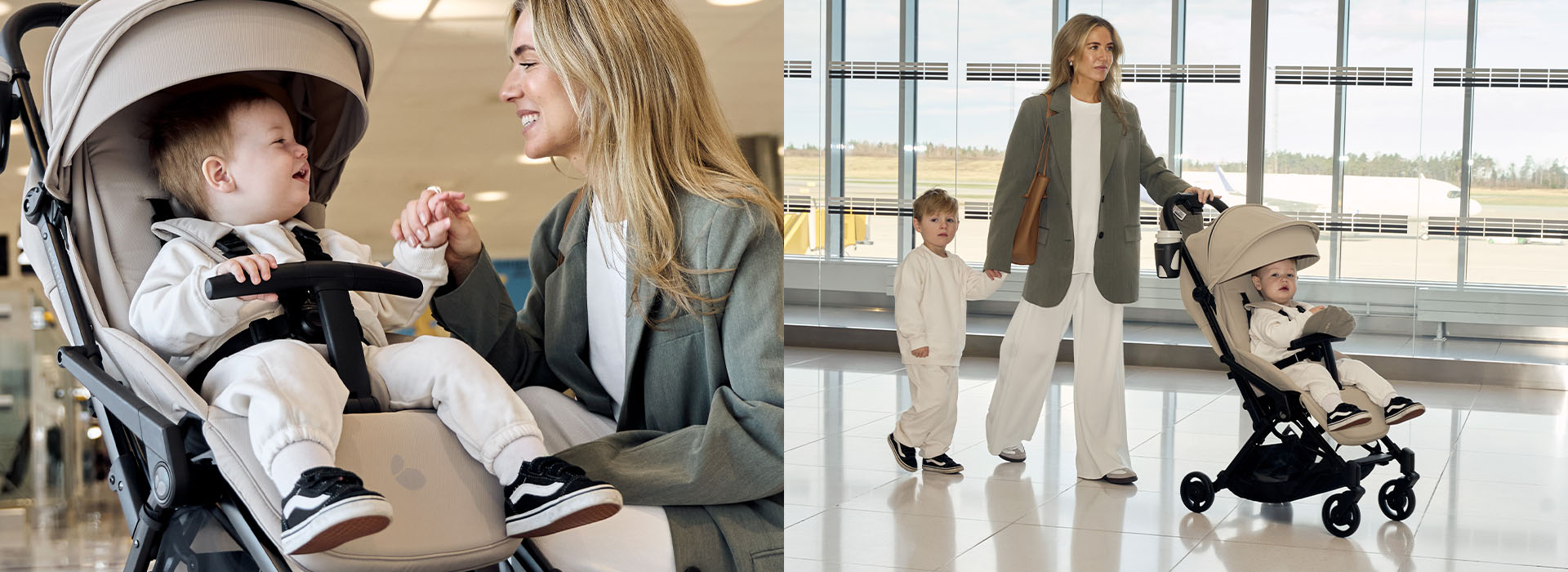 Frau mit Kinderwagen und zwei Kindern am Flughafen.