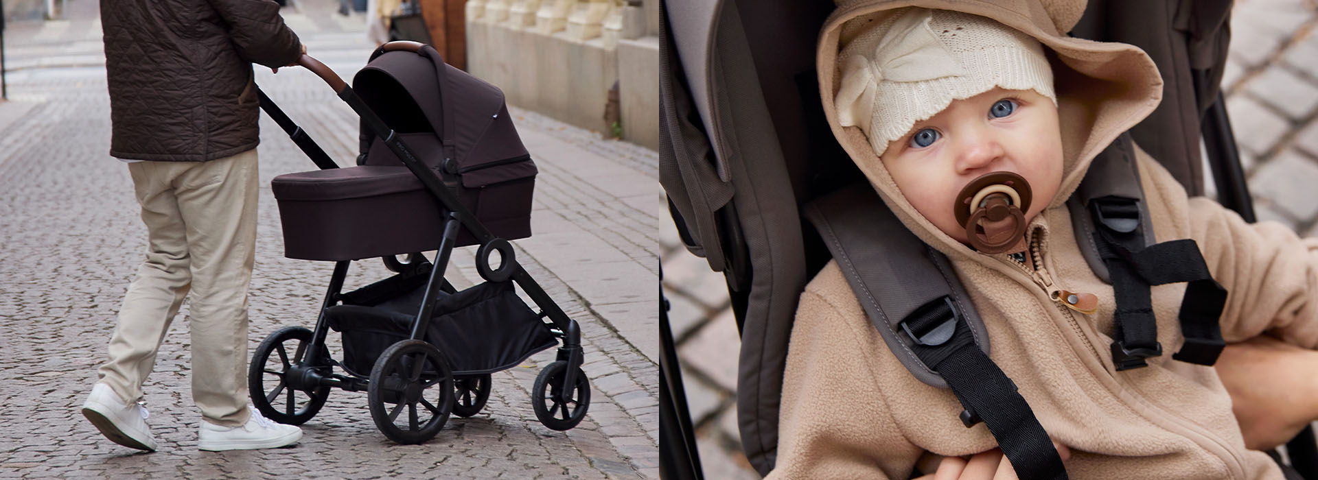Person mit Kinderwagen auf Straße, Baby mit Schnuller im Sitz.