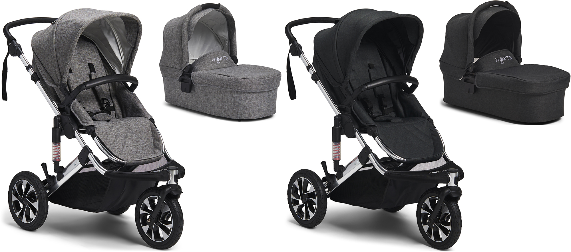 Zwei Kinderwagen und Liegewanne in Grau und Schwarz mit drei Rädern.
