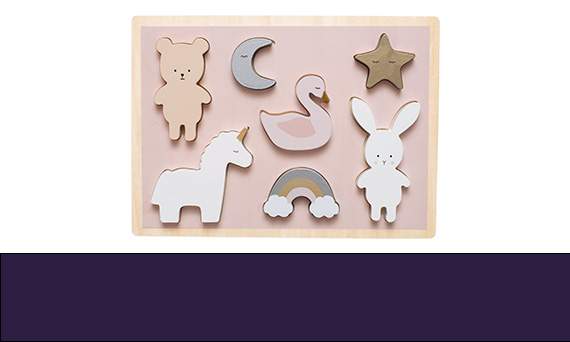 Puzzle mit Bär, Mond, Stern, Schwan, Einhorn, Regenbogen und Kaninchen Figuren.