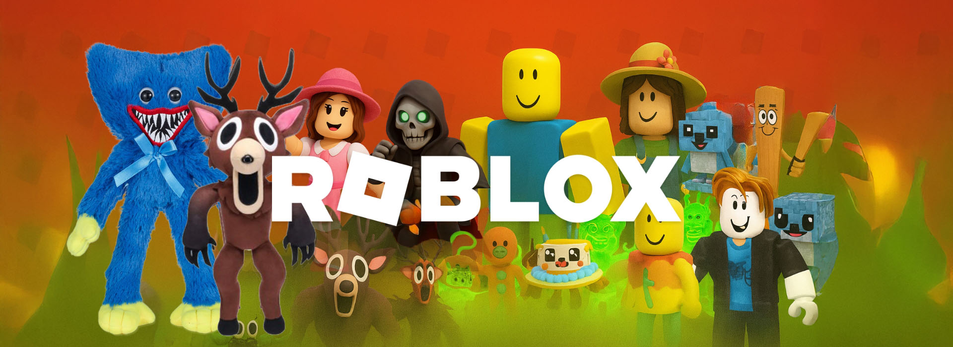 Bunte Roblox-Figuren mit dem Text 'ROBLOX' in der Mitte.