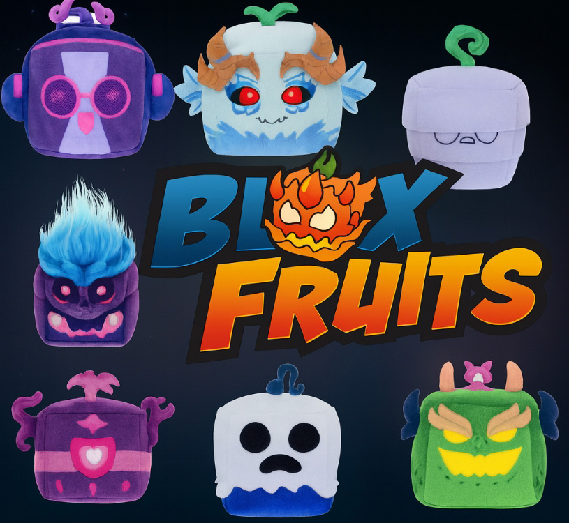 Bunte Blox Fruits Figuren mit dem Text 'BLOX FRUITS' in der Mitte.