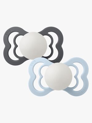 BIBS Supreme Schnuller 2er-Pack Silikon Gr. 2 Symmetrisch, Iron Glow/Baby Blue Glow