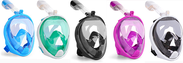 Fünf Vollgesicht-Schnorchelmasken in verschiedenen Farben nebeneinander.