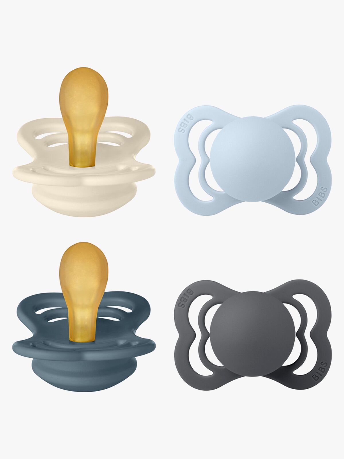 BIBS Supreme Schnuller 4er-Pack Latex Gr. 1, Ivory/Baby Blue/Petrol/Iron